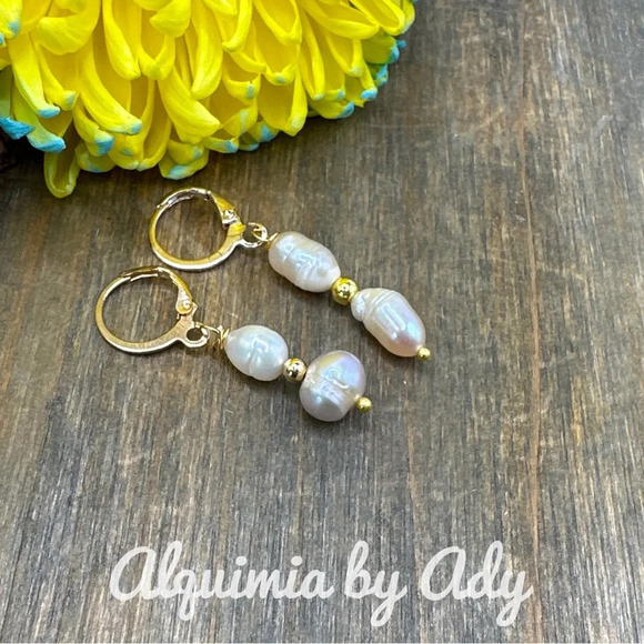 14k gold real freshwater pearls drops dangle hoops statement gem earrings - Picture 1 of 1